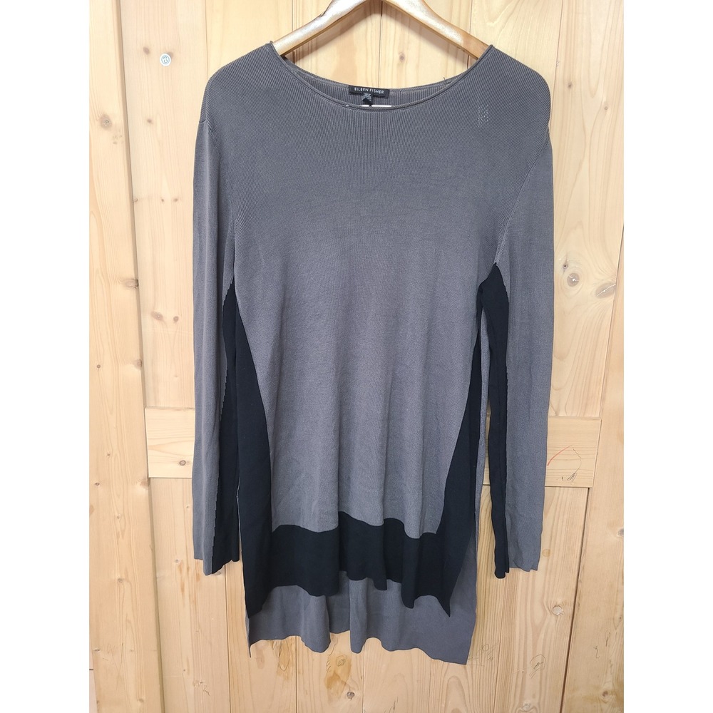 Eileen Fisher Tunic Sweater Women L Grey Colorblock Tencel High-Low Side Slit